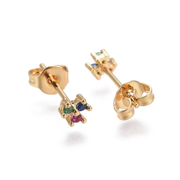 3 pair Brass Micro Pave Cubic Zirconia Stud Earrings Clover Golden Colorful 4.5x4.5x2.3mm Pin: 0.7mm