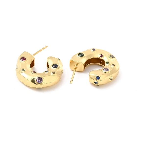 3 pair Cubic Zirconia C-shap Stud Earrings Real 18K golden Plated Half Hoop Earrings for Women Cadmium Free & Lead Free Colorful 20x6mm Pin: 0.9mm