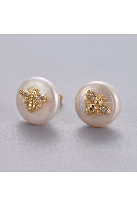 3 pair Natural Pearl Stud Earrings with Brass Micro Pave Cubic Zirconia Findings Flat Round with Bees Long-Lasting Plated with Ear Nuts Golden Clear 13~15mm Pin: 0.8mm
