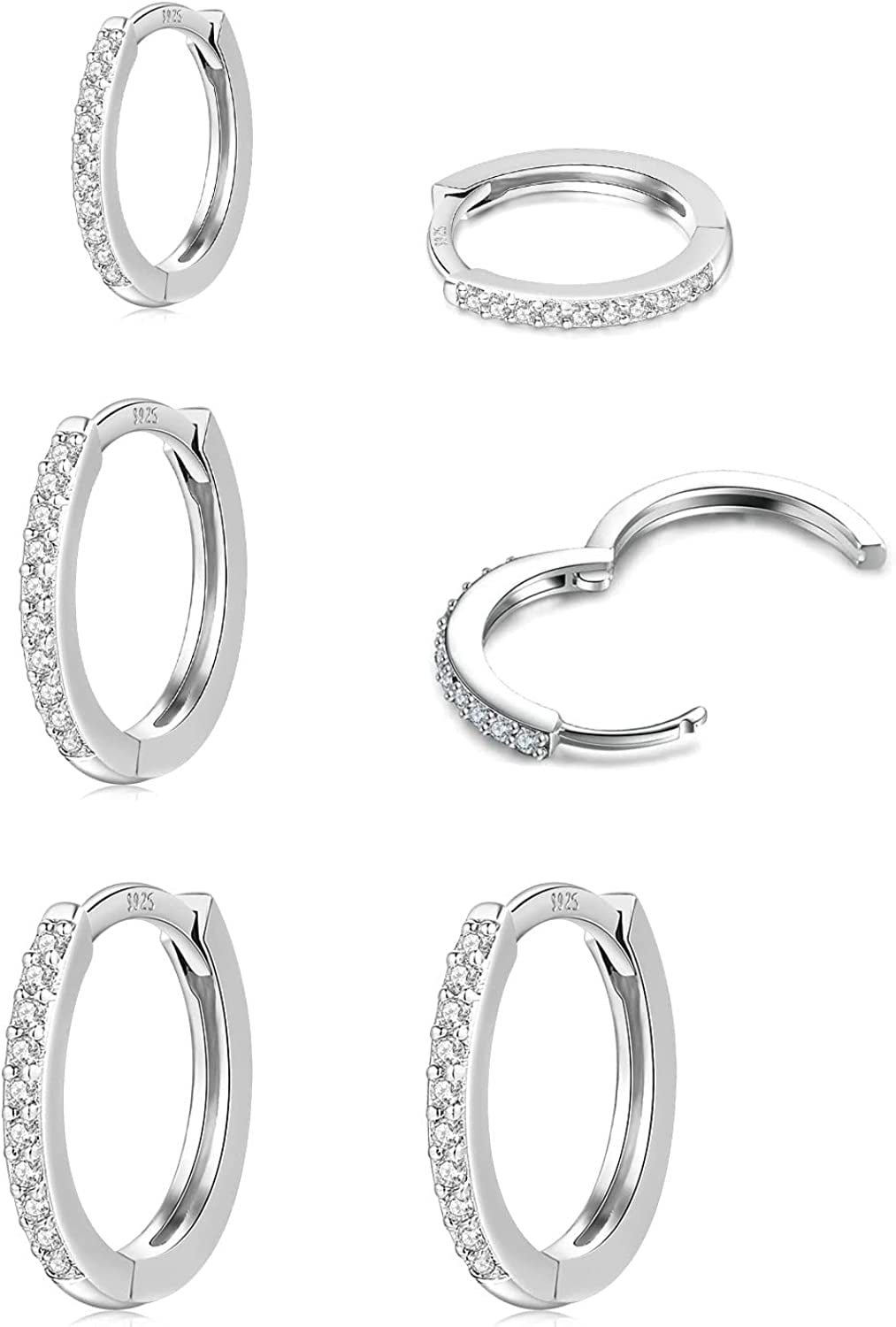 3 pairs Sterling Silver Hoop Earrings for Women 14K White Gold Plated Small Silver Hoop Earrings