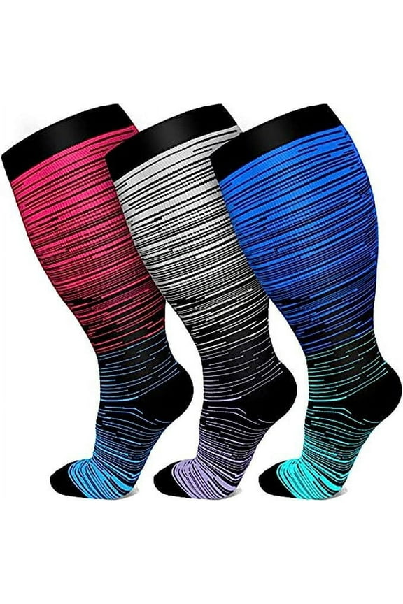 3 pairs of men's and women's wide calf pressure socks, plus knee length support socks, suitable for cycling, nursing, travel, and daily wear, available in 2XL/3XL/4XL sizes