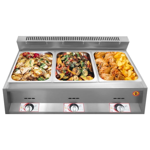 3-pan Food Heating Pot 430 Magnetic Stainless Steel Heating Pot Natural Gas/LPG Countertop Soup Warmer Cooking Heating Pot with Functional Lids Table Standing Mount Type