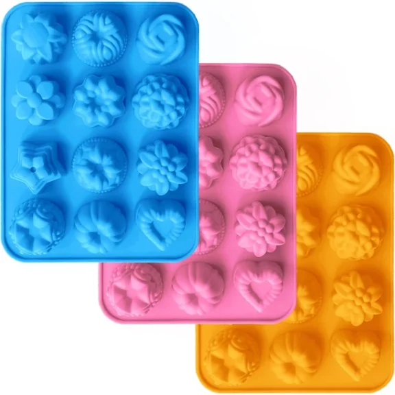 3 parts, pink, blue, orange, silicone molds, fondant with 12 cavities