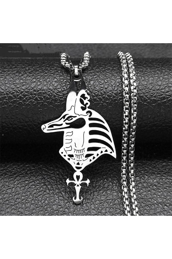 3 pc 201 Stainless Steel Egyptian Ancient Anubis Anka Pendant Box Chain Necklaces Stainless Steel Color 23.62 inch(60cm)