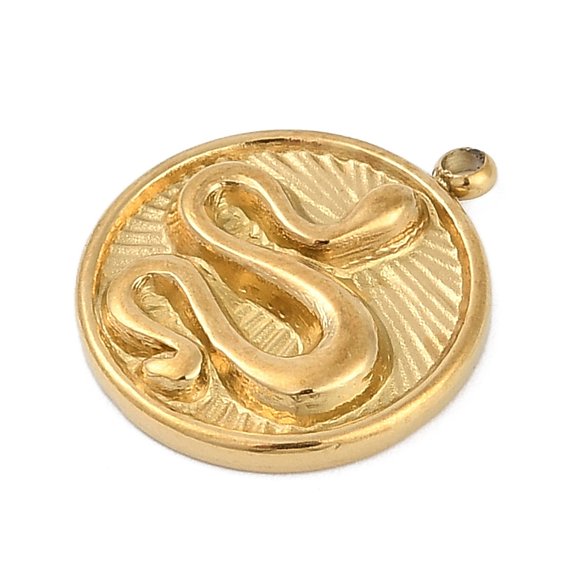 3 pc 304 Stainless Steel Pendants Flat Round with Snake Charm Ion Plating(IP) Real 18K golden Plated 18x15x3mm Hole: 1.5mm