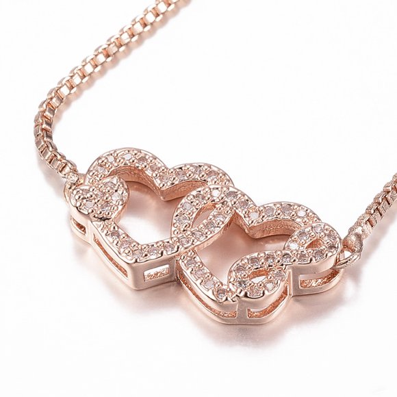 3 pc Adjustable Brass Micro Pave Cubic Zirconia Slider Bracelets Bolo Bracelets Interlocking Heart with Infinity Rose golden 10-1/4 inch(260mm) 1.2mm