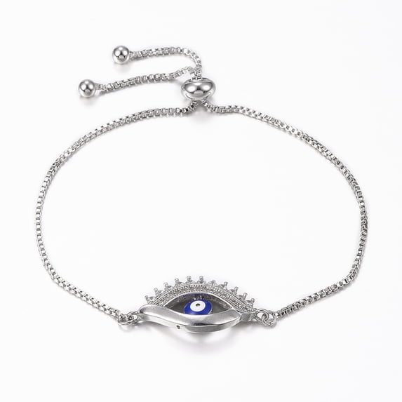 3 pc Adjustable Brass Micro Pave Cubic Zirconia Slider Bracelets Bolo Bracelets with Enamel Evil Eye Platinum 10-5/8 inch(270mm) 1.2mm