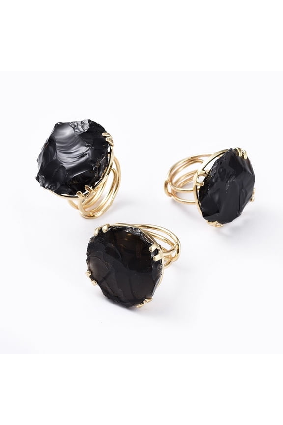 3 pc Adjustable Natural Rough Raw Obsidian Finger Rings with Brass Findings Golden Size 8~9 18~19.5mm
