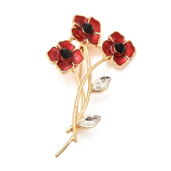3 pc Alloy Brooches with Rhinestone and Enamel Remembrance Poppy Flower Badge Light Gold 64x38x12mm Pin: 0.6mm