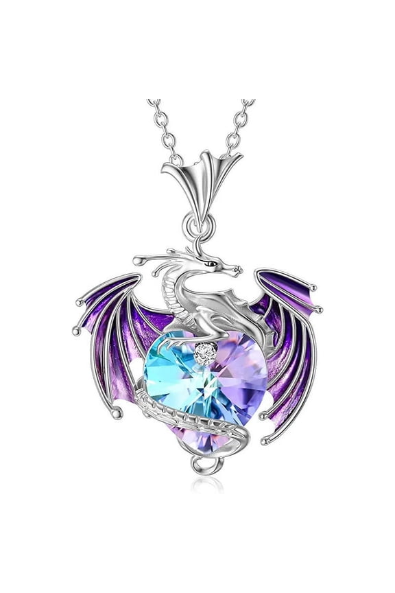 3 pc Alloy Rhinestone Dragon Holding Heart Pendant Necklaces with Enamel Cable Chain Necklaces for Women Platinum Tanzanite 17.72 inch(45cm)