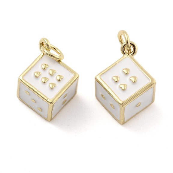 3 pc Brass Enamel Pendants with Jump Ring Dice Charm Real 18K Gold Plated White 17x12.5x9.5mm Hole: 3mm