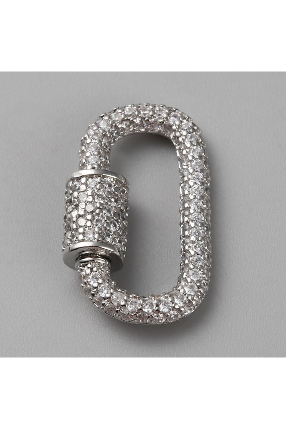 3 pc Brass Micro Pave Clear Cubic Zirconia Screw Carabiner Lock Charms for Necklaces Making Quick Links Oval Platinum 24x14.5x3~6mm