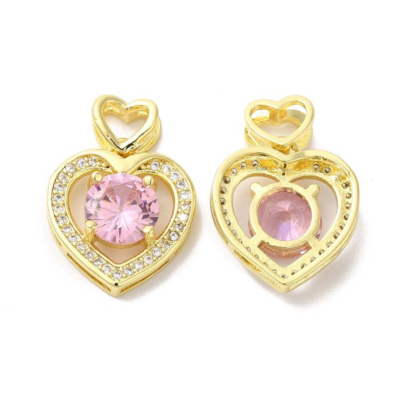 3 pc Brass Micro Pave Clear Pink Cubic Zirconia Pendants Heart Charm Real 18K golden Plated 17.5x16x5.5mm Hole: 4.5x3mm