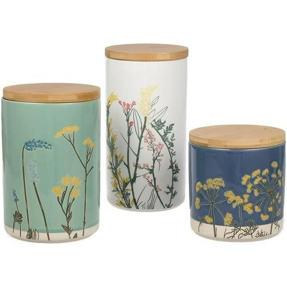 3-pc Decorative kitchen canisters for countertop, Storage containers for Coffee, Sugar, Spice & Dry Food, White 8.3", Pista Green 6.9", Cobalt Blue 4.7"; Ceramic Canister Set with Bamboo lid