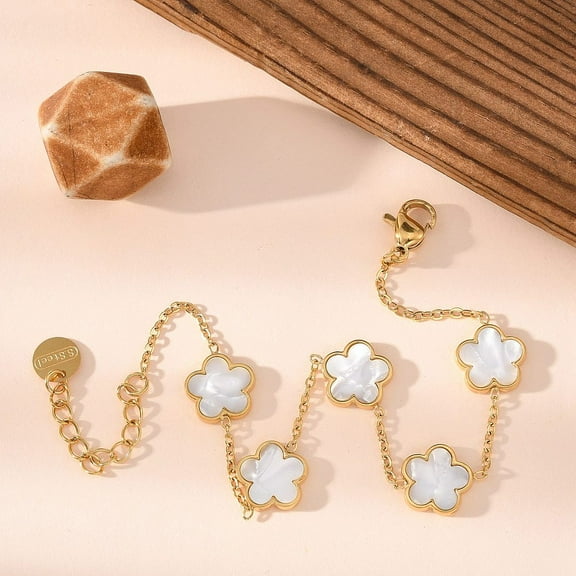 3 pc Flower Shell Link Chain Bracelets Golden Tone 304 Stainless Steel Cable Chain Bracelets for Women White 6-1/4~6-3/8 inch(15.9~16.3cm)