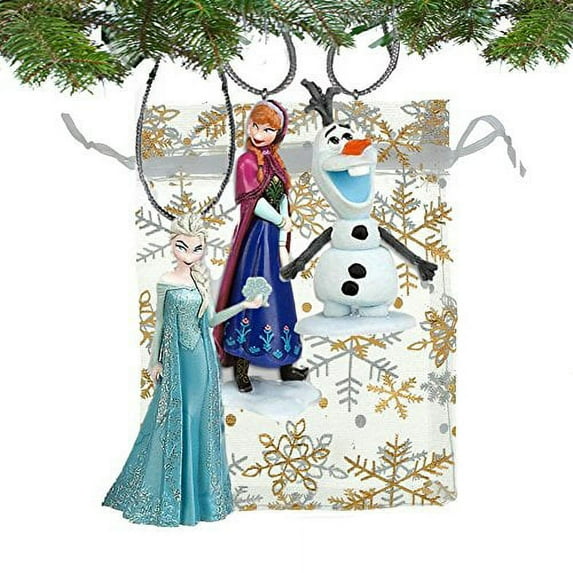 3 pc Frozen Set: Elsa, Anna, Olaf Ornaments & Snowflake Gift Bag