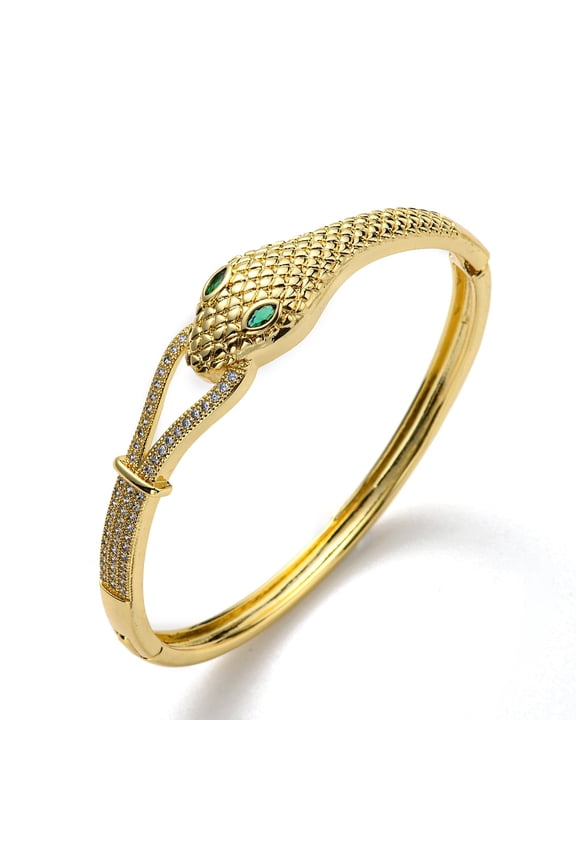 3 pc Green Cubic Zirconia Snake Hinged Bangle Brass Jewelry for Women Cadmium Free Lead Free Real 18K golden Plated Inner Diameter: 2-1/8x2-1/4 inch(5.35x5.7cm)