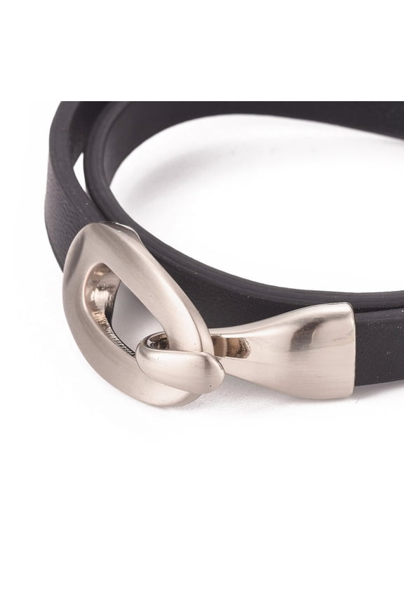 3 pc Imitation Leather Wrap Bracelets 2-Loops with Alloy Clasps Oval Platinum Black 15-1/8 inch(38.7cm) 8x2.5mm