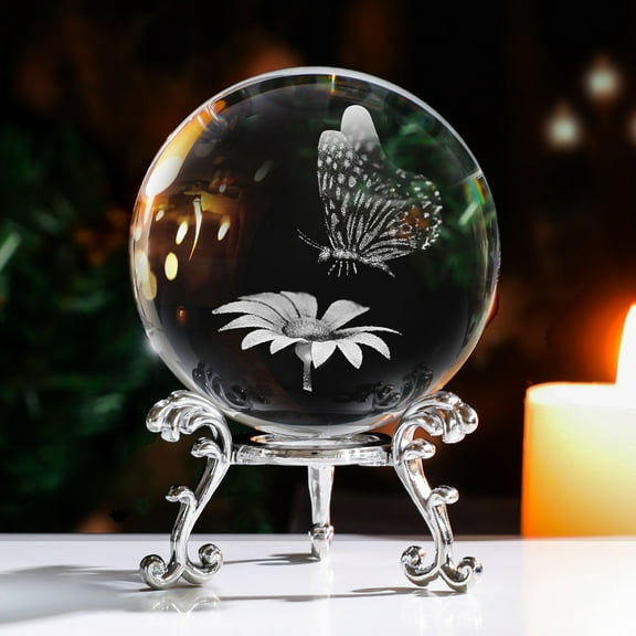 3 pc Inner Carving Butterfly Flwoer Glass Ball Diaplay Decoration Fengshui Home Decor Clear 60mm