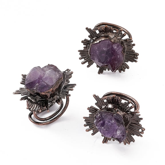 3 pc Irregular Natural Amethyst Cuff Rings Rack Plating Brass Wide Ring for Women Cadmium Free Lead Free Red Copper 8~12mm Inner Diameter: 19mm