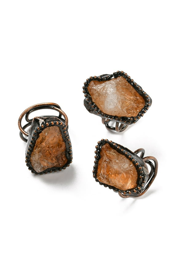 3 pc Irregular Oval Natural Citrine Adjustable Rings Red Copper Tin Finger Ring Cadmium Free Lead Free Inner Diameter: 18~19mm