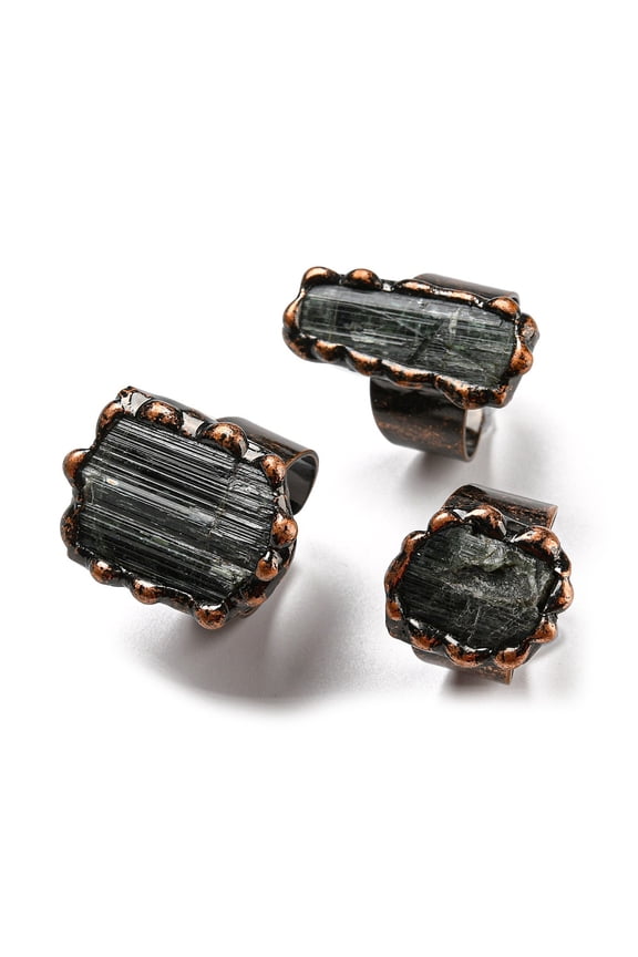3 pc Irregular Rectangle Natural Tourmaline Open Cuff Rings Red Copper Tin Finger Ring Cadmium Free & Lead Free US Size 8 1/4(18.3mm)