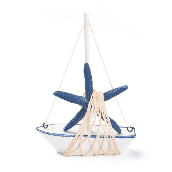 3 pc Mediterranean Style Natural Wood Display Decorations Sailboat with Starfish Marine Blue 110x28x170mm