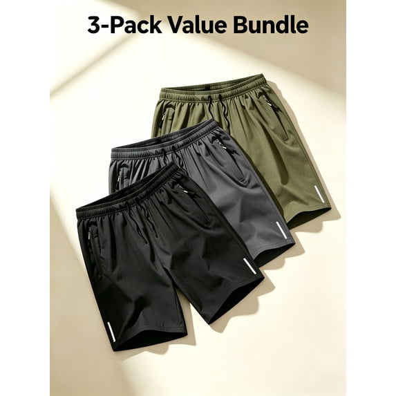 3-pc Men'S Quick-Dry Casual Active Shorts for Home And Leisure - Drawstring, Zippered Pockets - Lightweight Running, Fitness, And Casual Shorts
