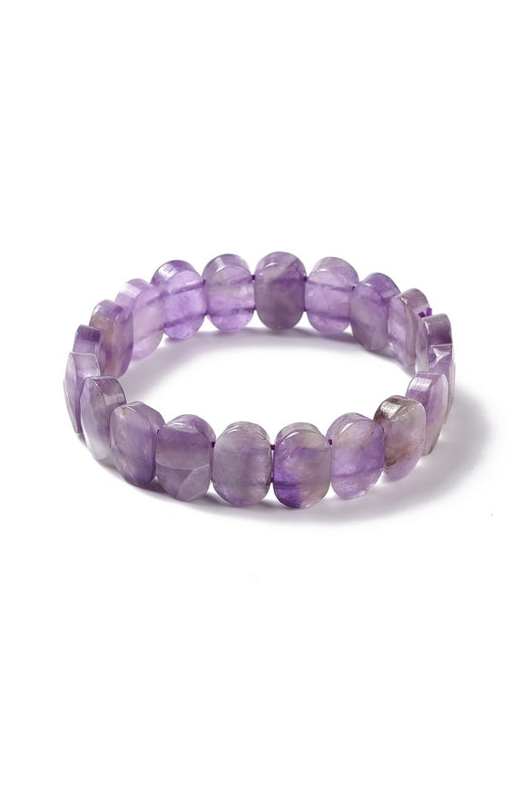 3 pc Natural Amethyst Oval Beaded Stretch Bracelet Gemstone Jewelry for Women Inner Diameter: 2-1/8 inch(5.4~5.5cm)