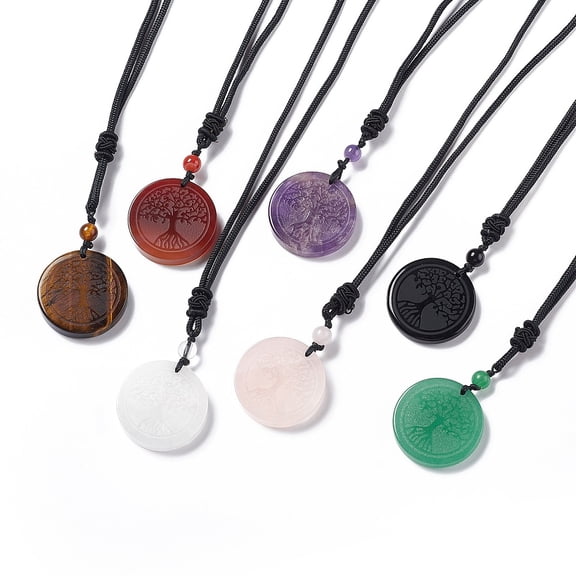3 pc Natural Gemstone Flat Round with Tree of Life Pendant Necklace with Nylon Cord for Women 25.59~27.95 inch(65~71cm)