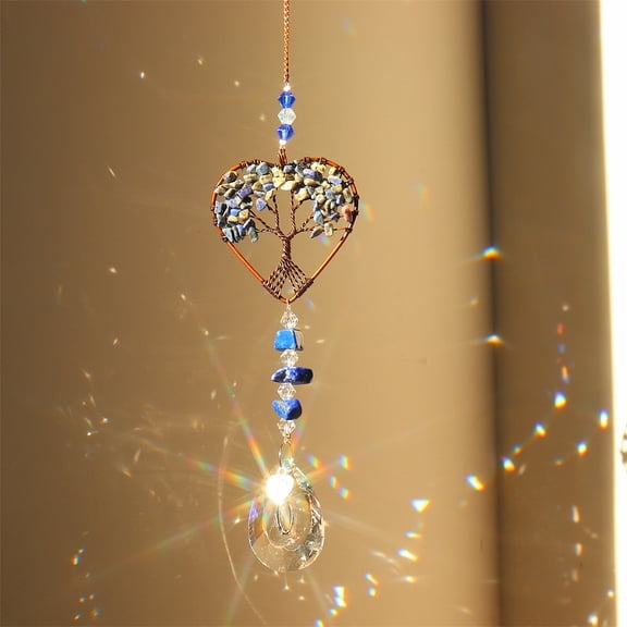 3 pc Natural Lazuli Chip Wrapped Heart with Tree of Life Hanging Ornaments Glass Teardrop Tassel Suncatchers for Home Outdoor Decoration 180mm