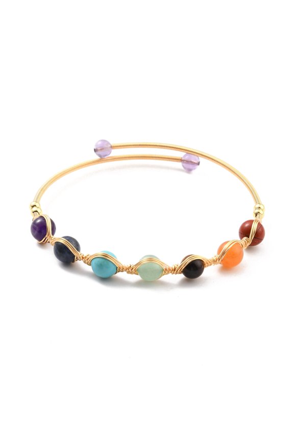 3 pc Natural Mixed Stone Wrapped Cuff Bangle Golden Brass Torque Bangle Lead Free & Cadmium Free Inner Diameter: 2-1/8 inch(5.5cm)