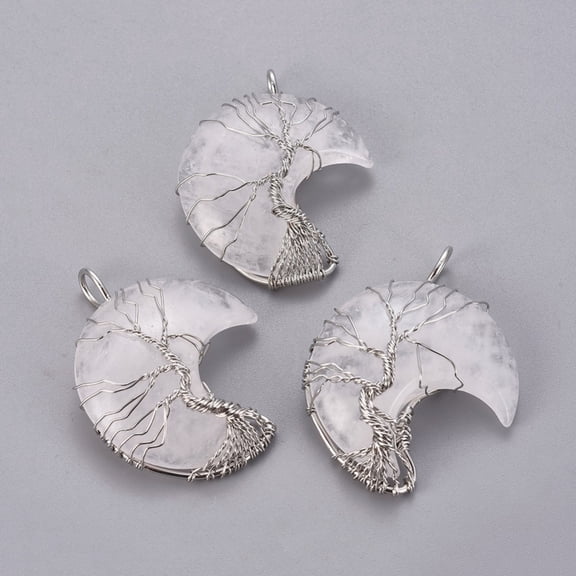3 pc Natural Quartz Tree of Life Wire Wrapped Pendants Rock with Brass Findings Crescent Moon Platinum 44~46x26~32x12.5mm Hole: 6.5x4.5mm Quartz
