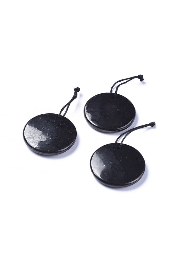 3 pc Natural Shungite Pendants Flat Round 35x6mm Hole: 1.8mm