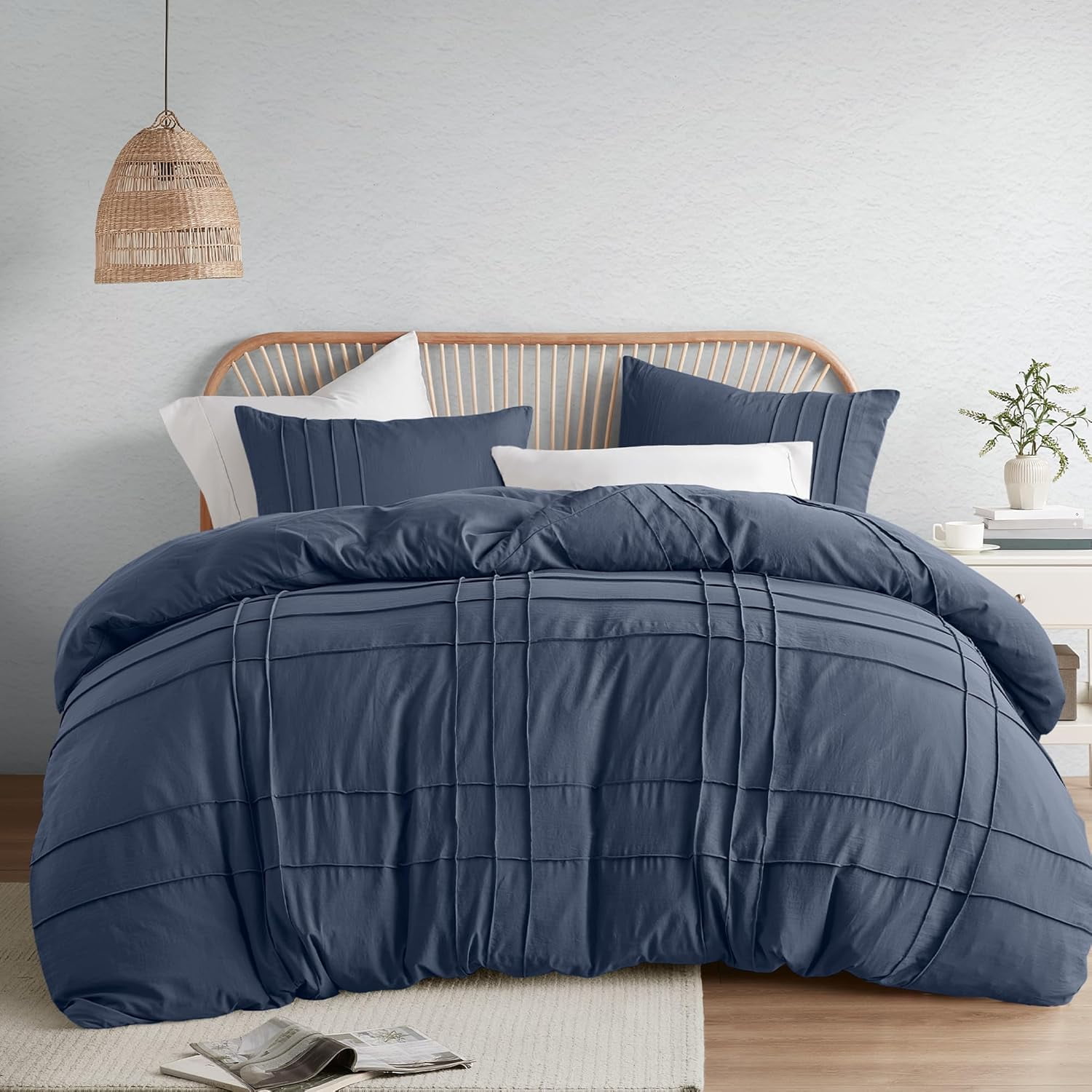 Navy Queen Microfiber Pleated Duvet Cover Set with Shams