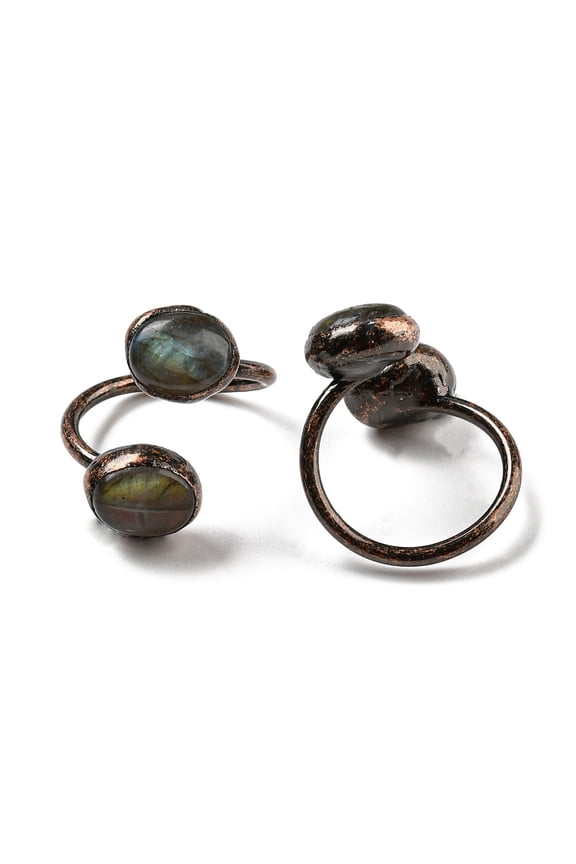 3 pc Oval Shape Natural Labradorite Open Cuff Rings Red Copper Tin Finger Ring Cadmium Free & Lead Free Inner Diameter: 19.2~19.7mm
