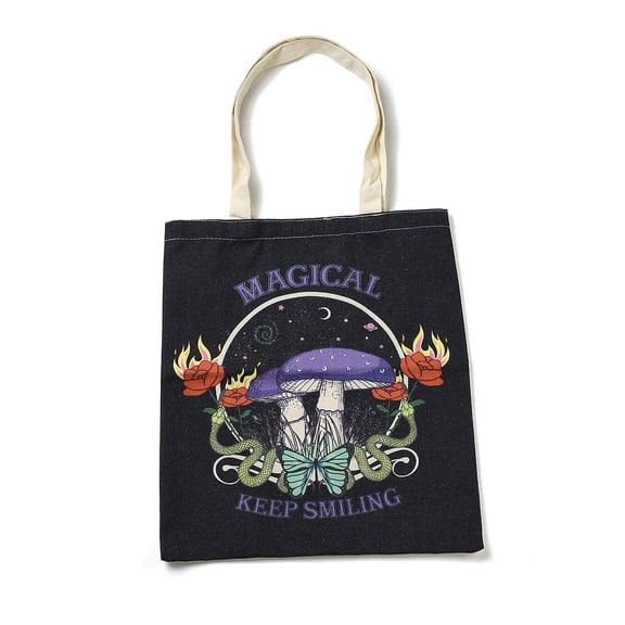 3 pc Printed Canvas Women's Tote Bags with Handle Shoulder Bags for Shopping Rectangle with Mushroom Pattern Black 61.5cm