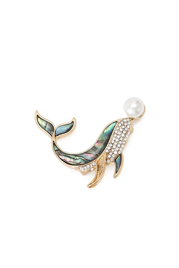 3 pc Whale Shell Pin Alloy Rhinestone Brooch for Backpack Clothes with Plastic Imitation Pearl Beads Golden 40x40mm