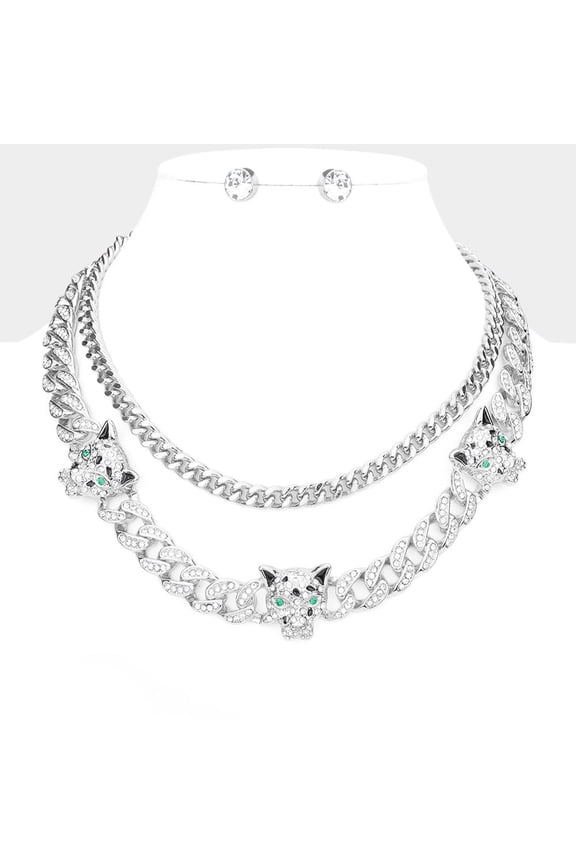 3 pc pierced silver med chain and clear stone tiger necklace set