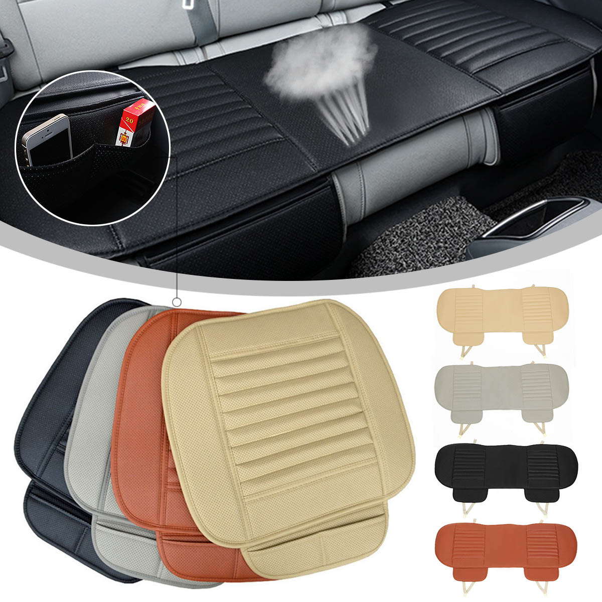 3 pcs 1Rear+2Front Car Universal Seat Cover Bamboo Breathable PU Leather Pad Chair Cushion US - image 1 of 12