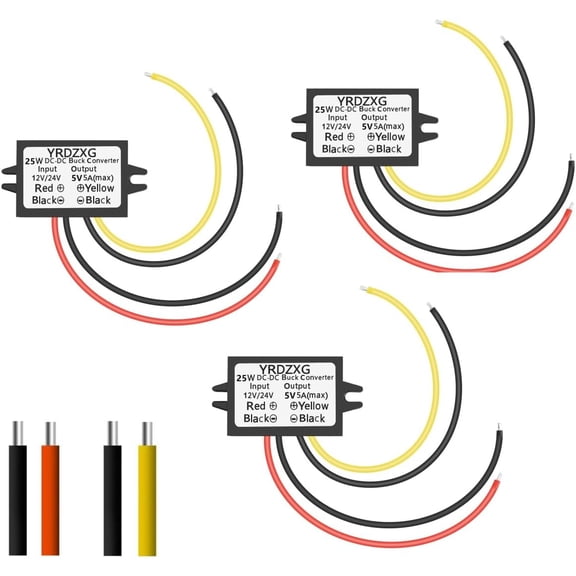 (3 pcs) 5V Buck Converter 12 V/24 V to 5 5A 25W DC Regulator Step-Down Waterproof Module for Golf Carts, Cars, and Trucks LED Power Adapter