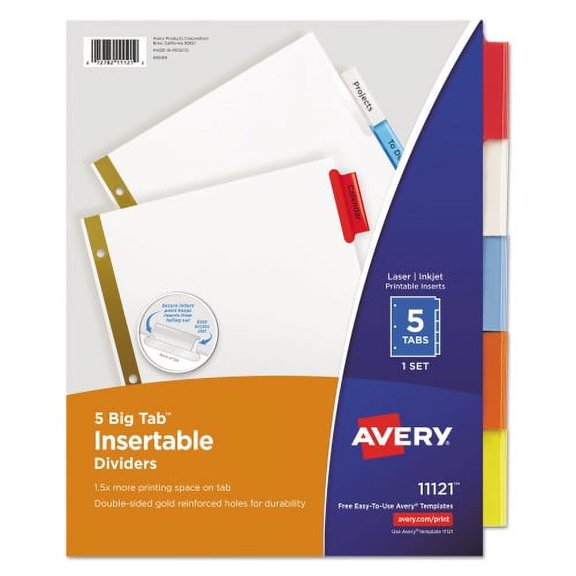3 pcs,Avery Insertable Big Tab Dividers, 5-Tab, Double-Sided Gold Edge Reinforcing, 11 X 8.5, White, Assorted Tabs, 1 Set (11121)