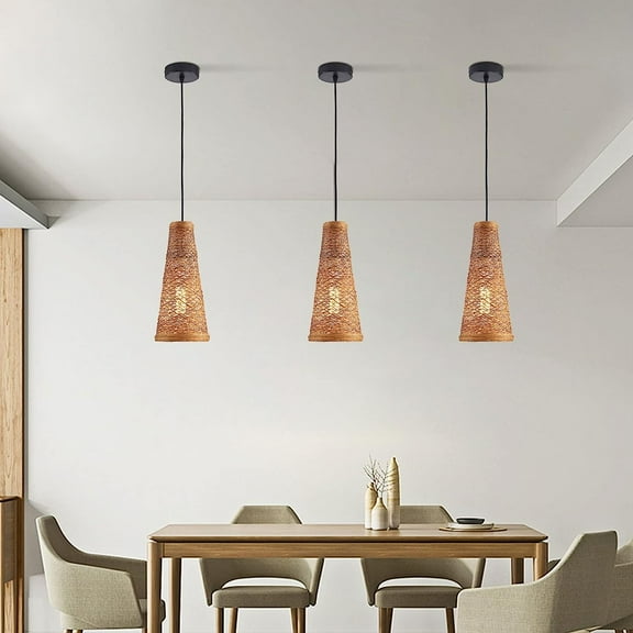 3 pcs Boho Rattan Woven Pendant Light Kitchen Island Ceiling Light Brown