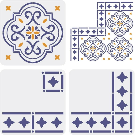 3 pcs Floor Tile Stencil 11.8x11.8inch Reusable Border & Corners Stencils Moroccan Wall Stencils for DIY Painting Concrete Stencils for DIY Patio Floor Tile Wall. Home Decoration