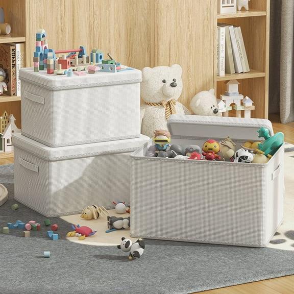 3 pcs Foldable Lidded Storage Bins Storage Box with Handles for Closet Clothes Organization, PP Plastic Board Foldable Lidded Cotton Linen Fabric Baskets Closet Clothes Organizer Containers