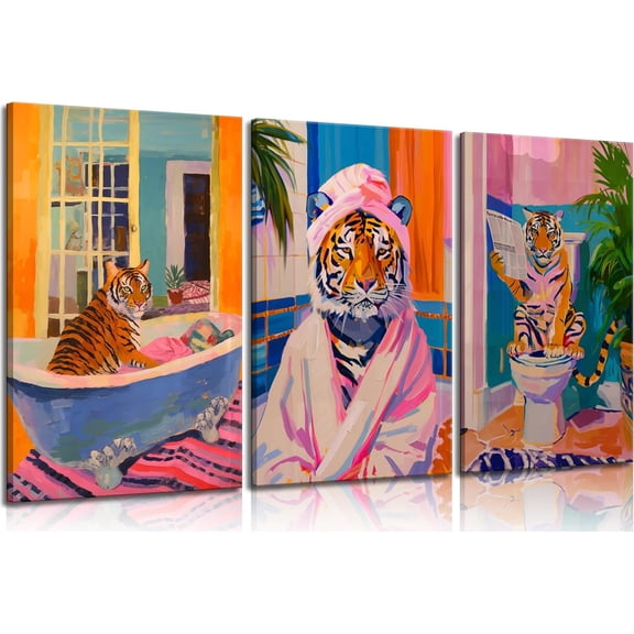 3 pcs Funny Bathroom Tiger Wall Art Eclectic Pink Kitsch Dopamine Aesthetic Animal Pictures Wall Decor Tiger in Bathtub Fashion Poster Print Artwork for Bathroom Toilet Furniture Decoration Unframed