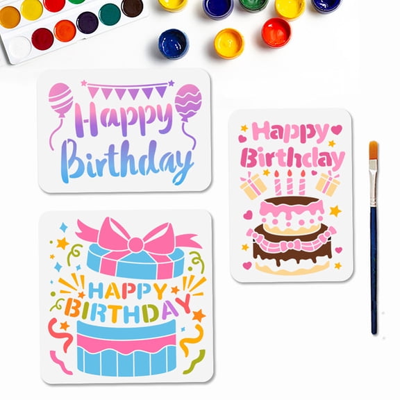 3 pcs Happy Birthday Cake Stencils Gift box Balloon Stencil 11.811.8/11.78.3inch Reusable Celebrate Birthday Template for Painting on Wood DIY Crafts Party Wall Canvas