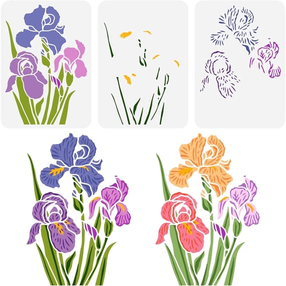 3 pcs Layered Iris Stencil 8.3x11.7inch Reusable Iris Flower Painting Template DIY Iris Pattern Decoration Stencil Plants Floral Stencil for Painting on Wood Wall and Furniture White