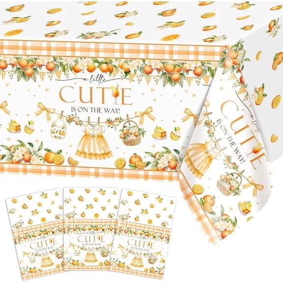 3 pcs Little Cutie Tablecloths 108x54 inch A Little Cutie is on The Way Party Supplies Girl Citrus Baby Shower Party Table Cover Disposable Plastic