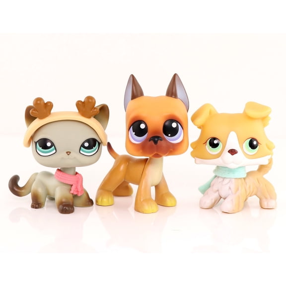 3 pcs Minilpsshop Little Cat Dog Figurines Toys,Collie #272 Great Dane #244 Shorthair Cat #391Collectible Mini Pets